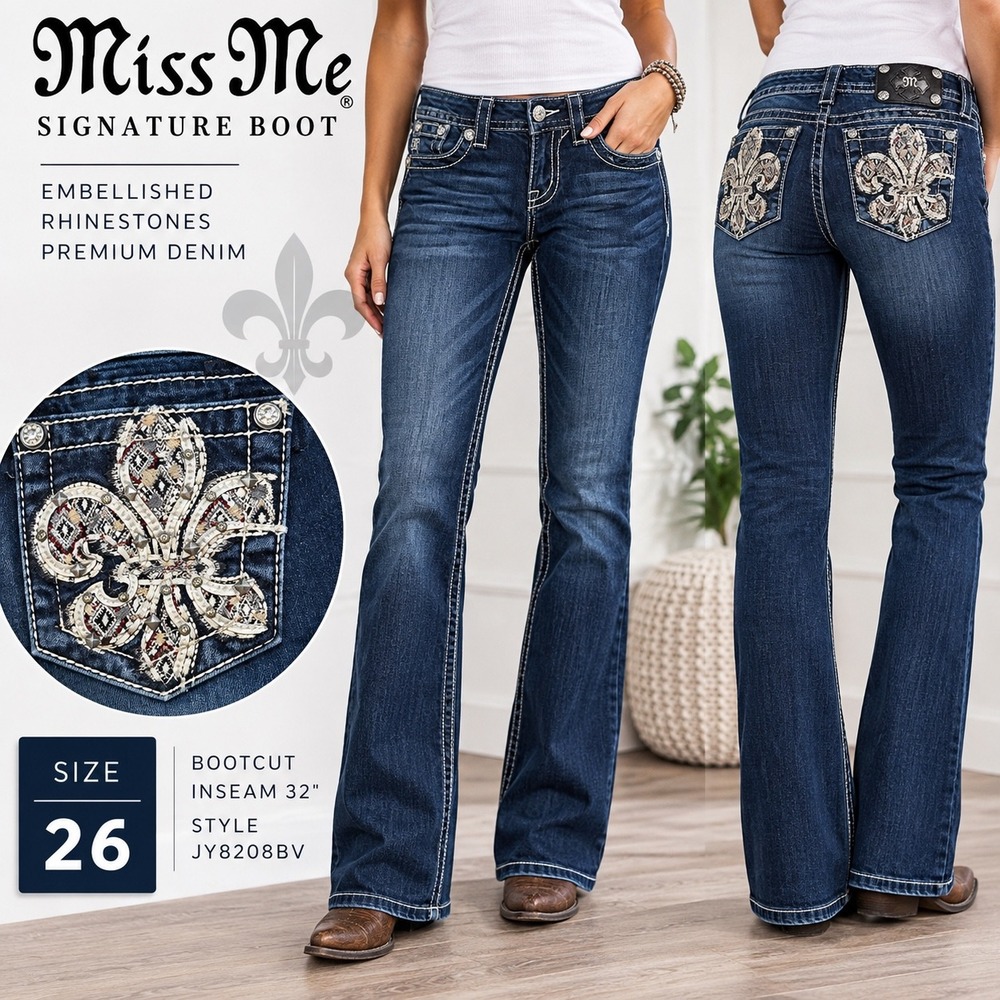 Miss Me Signature Bootcut Jeans Women 26 Dark Wash Fleur De Lis Rhinestone Y2K
